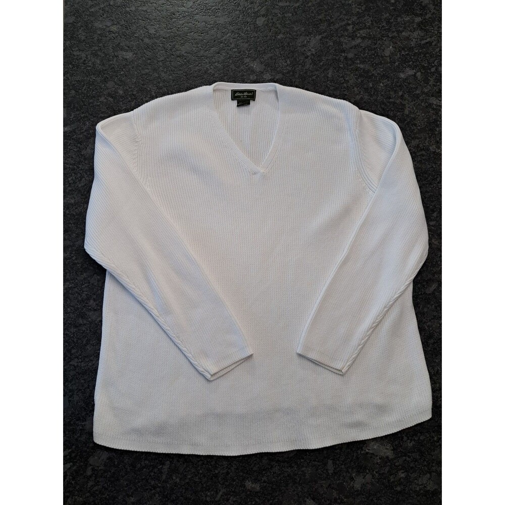 Vintage 1990s Eddie Bauer White Ribbed V-neck Sweater Green Label Women’s 2X